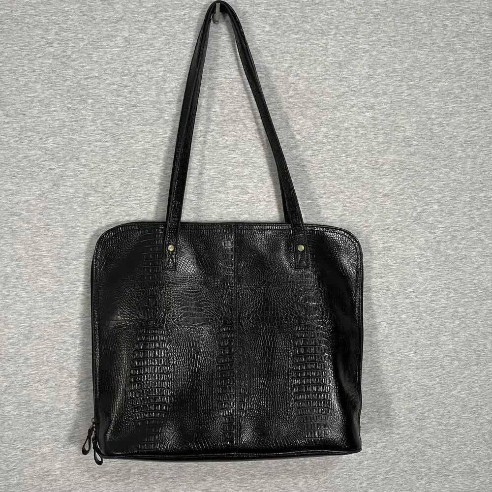 Bueno Croc Embossed‎ Shoulder Tote Bag Womens Black Zip Double Strap Laptop